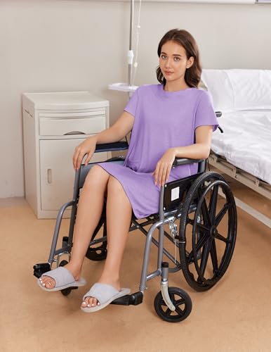 Deyeek Hospital Gowns for Women Tear Away Snap Short Sleeve Postpartum Outfits Open Back Adaptive Clothing With Pockets Purple M - Thumbnail 3