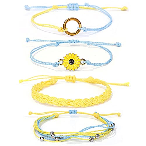 Image of Caiyao 4 Pcs Summer Surfer Wave Anklet Bracelets Adjustable Strand Braided String Rope Bracelets Waterproof Handmade Sunflower Bracelets Anklets Jewelry for Women