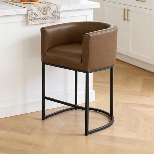 Image of 26 inch Counter Height Bar Stools Set of 1, Faux Leather Upholstered Barrel Chairs with Back and Arms, Metal Frame Kitchen Island Stools with Footrest, Cognac Brown