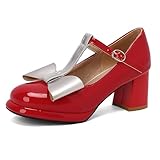  Gicoiz Femme Salomés Mary Jane Cuir Verni Pumps Bowknottie Bout Rond Block High Chaussures Mariage Plateforme Elegant Chaussures de Fête Bride Rouge Taille 36 EU