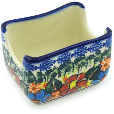 Polmedia Polish Pottery 3-inch Stoneware Sugar Packet Holder H3446H Hand Painted from CER-Maz in Boleslawiec Poland. Shape S972D(207) Pattern P6528A(D111) Unikat