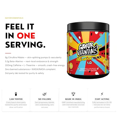 Image of Gayor Essentials Pre Gayor Black 1.0 Pre Workout Powder | Pre Exercise Supplement for Men & Women | Energy, Focus & Endurance | Citrulline, Beta Alanine, Caffeine, L-Theanine (Lemon Shikanji,286g)