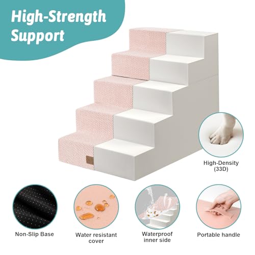 Image of COZY KISS Dog Stairs for Small Dogs, 5 Step Pet Stairs for Beds & Couches | 23.6 inch Extra Wide Non-Slip Dog Steps with Removable Tiers & Support Board for Puppies, Older Cats & Dogs, Pink