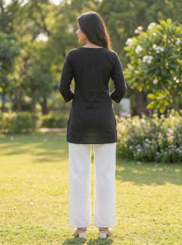Image of Cotton Blend Embroidered Straight Kurta for Women | Cotton Blend | 3 /4 Sleeve | Round Neck V-Slit | Ethnic Wear Casual Wear