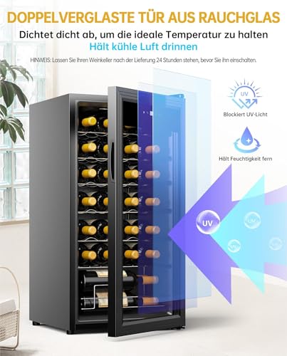 Weinkühlschrank Compressor 82 Liter 28 Flaschen Getränkekühlschrank Kleiner Weinschrank Klein mit Glastür,Vollglas-Designtür mit LED Touchpanel,Anti-UV, Wine Fridge 5-18°C – Bild 5
