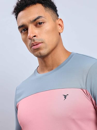Image of TECHNOSPORT Men Colorblock Slim Fit Round Neck T-Shirt with TECHNOCOOL+ (Light Blue) Gym Tee Dry Fit T Shirt for Men Sports Top for Him