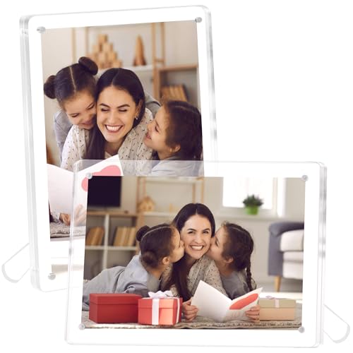 FIXSMITH 5x7 Acrylic Picture Frames 2 Pack Clear Magnetic Frames with Stand UV-Resistant Horizontal/Vertical Display