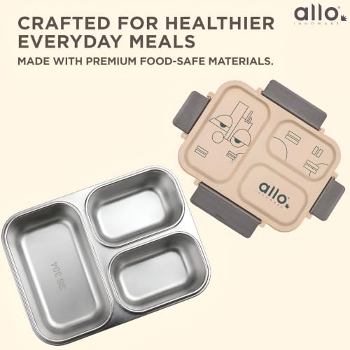 Image of Allo Bento Stainless Steel Lunch Box for Adult- BIS Approved, 304 Stainless Steel 3 Compartment Leakproof Tiffin Box for Boys and Girls for School, Travelling, Office, 740ml Beige