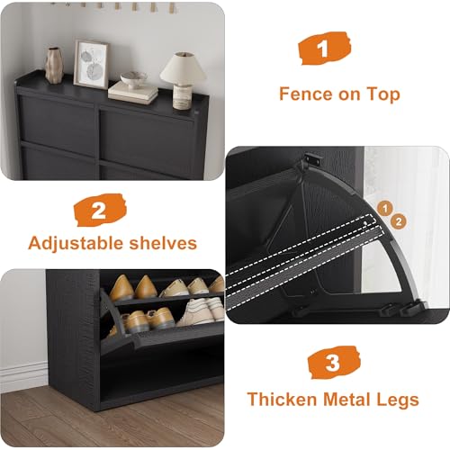 GarveeHome Shoe Cabinet with 6 Flip Drawers, Wooden Shoe Organizer Cabinet with Adjustable Shelf, Shoe Storage for Entryway, Hidden Shoe Cabinet for Hallway, Living Room, Black