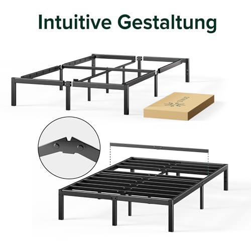 Zinus Elias Bettgestell 140x200 cm - Metallbett 140x200 mit Metall-Lattenrost - 36 cm Hohe Plattform mit Freiraum Darunter - Kein Boxspringbett Erforderlich - Einfache Montage - Schwarz