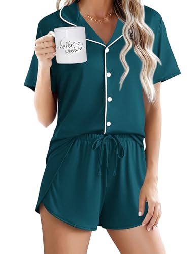 Image of Ekouaer Pajamas for Women Set Button Up Sleepwear 2 Piece Pjs Lounge Set Short Sleeve Nightwear