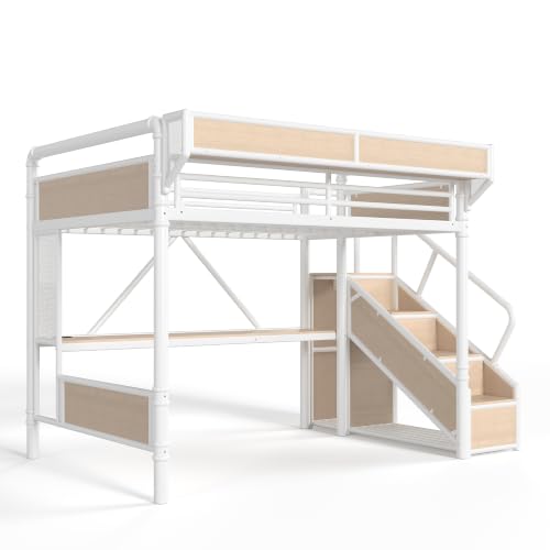 Image of Bellemave Queen loft Bed with Storage Stairs, Wardrobe, Shelves, Metal Queen Loft Bed Frame for Adults, Kids, Teens, White+Natural Wood with Stairs