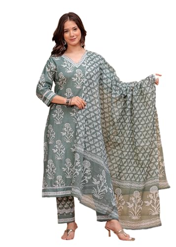 Image of MEERA FAB Women's Cotton Blend Straight Printed Kurta with Palazzo & Dupatta