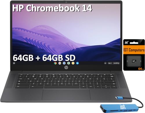 Image of HP Chromebook 14 Laptop (14 inch HD, Intel 4-Core N100, 4GB RAM, 64GB eMMC + 64GB SD Card) for Home, Students & Everyday Use, Fast charge, 12-Hr Battery Life, Wi-Fi 6, Webcam, IST HUB, Chrome OS (Renewed)