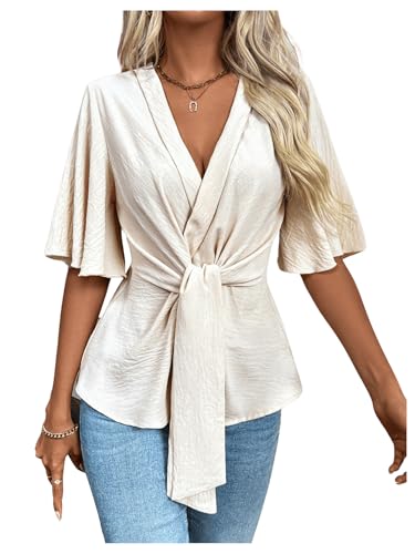 OYOANGLE Women's Textured Wrap V Neck Ruffle Short Sleeve Ruched Blouse Tie Front Tunic Tops