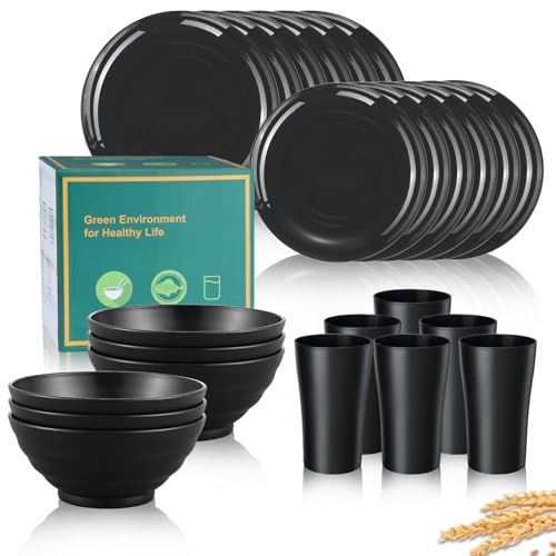 Vajilla Camping Irrompible de 24 Piezas, Vajilla Melamina Irrompible, Vajilla de Plástico con Juego de Platos, Cuenco,Taza, Vajilla Camping negra para Niños y Adultos, Reutilizable