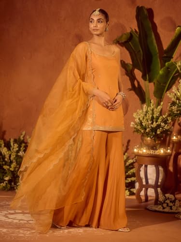 Image of FIORRA Women's Orange Viscose Chanderi Embroidered Ethnic Straight Kurta Set with Dupatta