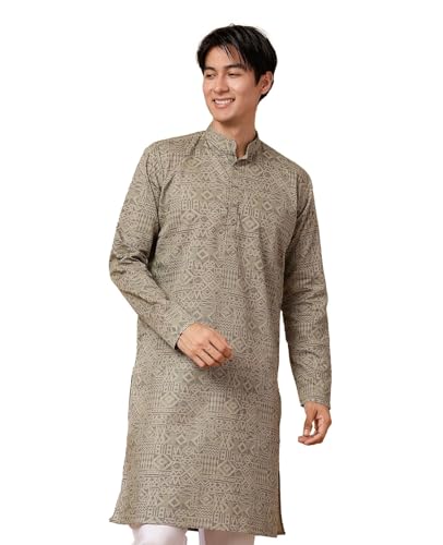 Image of Majestic Man Men's Cotton Regular Fit Casual Mandarin Collar Ethnic Motifs Printed Long Regular Kurta
