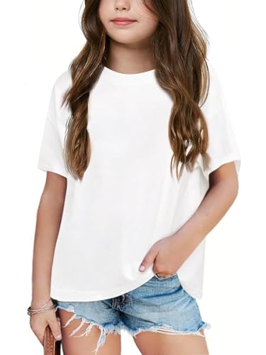 Haloumoning Camiseta de manga corta para niña de verano, tiempo libre, holgada, de algodón, cuello redondo, monocolor, básica,, Blanco, 12 14 Años