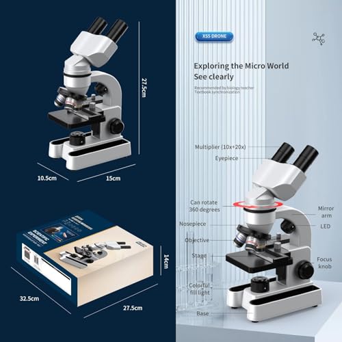 Mikroskop-biologisches pädagogisches Mikroskop für Studenten, mit Telefonclip, biologischer Probe und Fülllicht (1)