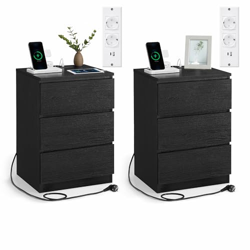 VASAGLE KAILYN Colección - Mesita de Noche con Estación de Carga, Juego de 2, Mesa Auxiliar con 3 Cajones, 2 Tomas AC, 2 Puertos USB, Salón, Dormitorio, Estudio, Negro Ébano LET831B56