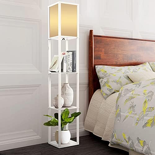 Floor Lamp 3-Tier Floor Lamp with Storage Shelf Reading Standing Lamp Fabric Floor Lamp with Shelves Units for Bedroom, Living Room, Office, Home Decoration 159 x 26 x 26 cm (White)