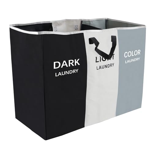168L Laundry Hamper, Large Blanket Storage Basket Sorter 3 Section Bag Organizer for Dirty Clothes - Toys - Towel,15 X 23 X 28 inch Heavy Duty Laundry Cart Baskets (Black and white gray bag)