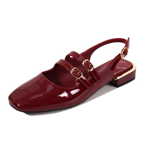Women's Patent Leather Low Block Heel Mary Jane Sandals with Adjustable Ankle Straps Closed Square Toe Slingback Chunky Heel Pumps for Daily Work Prom Evening Dating