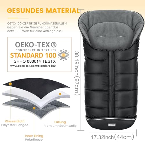 Orzbow Fußsack Kinderwagen Winter, Fußsack Buggy, Reißverschluss, Schwarz – Ansicht 2
