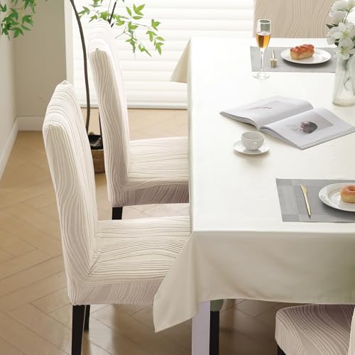 Image of HOKIPO 200 GSM Premium Knitting Jacquard Elastic Dining Table Chair Cover Set of 2, 'Nestiva Series' Skimmed Cream (AR-6072-CRM)