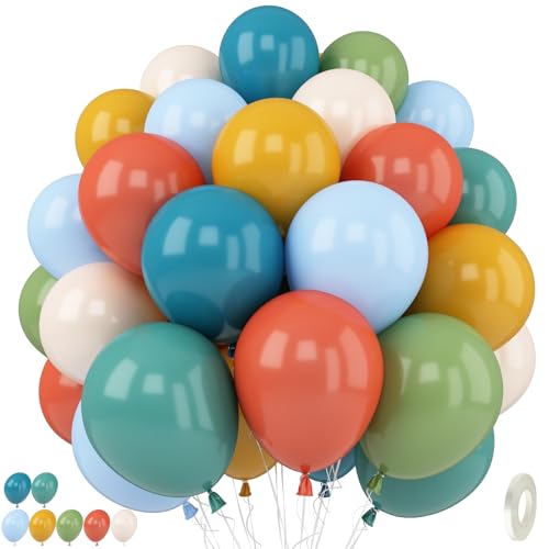 Image of Boho Rainbow Balloons, 60Pcs 12 Inch Retro Blue Orange Yellow Dusty Olive Green Multicolor Latex Balloons Assorted Colorful Balloon for Kids Birthday Baby Shower Wedding Safari Fall Autumn Party Decor