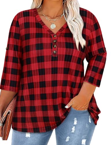 Image of Koscacy Women Plus Size V Neck 3 /4 Roll Sleeve Sweater Casual Knit Tops Solid Color Blouses