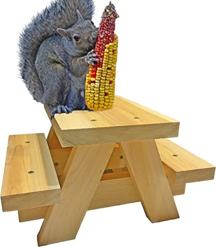 Large Squirrel Picnic Table Feeder - Cedar Squirrel Feeders for Outside Trees, Deck, Fence - Funny Corn Cob Holders, Novelty Hanging Mini Picnic Table for Squirrels, Fun Wooden Chipmunk Bench Platform