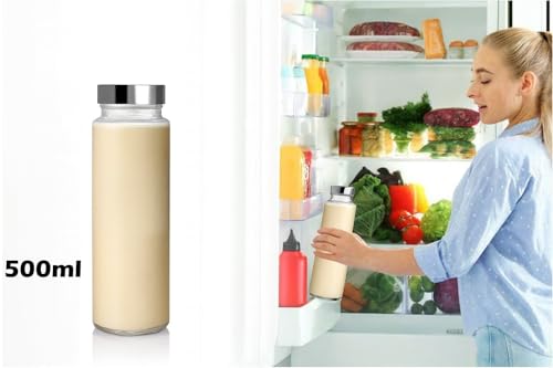 Image of 500ml Glass Water Bottles with Silver Stainless Steel Lids - Compact Airtight Juice Containers for Fridge, Lunch Bags, Smoothies & Milk - Reusable, Leakproof & BPA Free