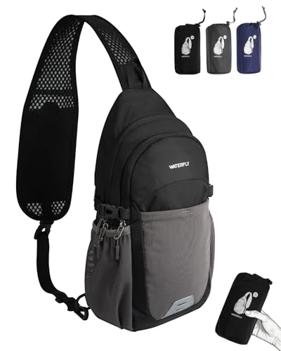 WATERFLY Packable Crossbody Sling Bag: Small Lightweight Travel RFID Blocking Sling Daypack with Water Bottle Holder - Shoulder Chest Bag Backpack for Women Men Hiking Traveling Theme Parks