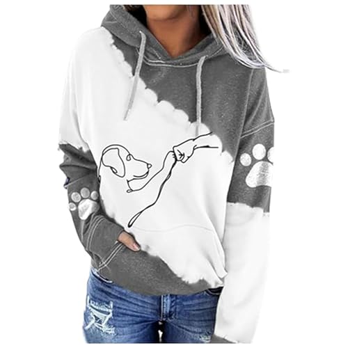 Generisch Sweatjacke Damen Mit Damen, süßes Hundemotiv, Fauststoß-Grafik, langärmelig, Übergröße, Kapuzenpullover mit Taschen Weiße Flauschige (Grey, L)