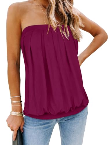 Image of Womens Tube Tops Summer Strapless Bandeau Tanks Casual Sleeveless Vest Off Shoulder Shirts(Purplish Red,S)