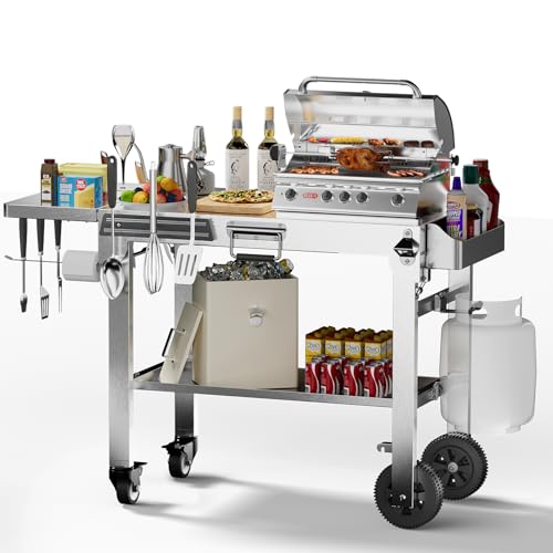 Food Grade 304 Stainless Steel BBQ Grill Table fits Tabletop Griddle, Outdoor grill Table with 4 Foldable Legs, Portable Grill Stand for RV, Camping, Tailgating