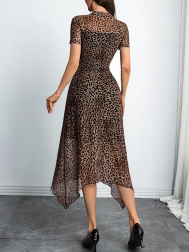 Image of GothDark Women Summer Wedding Guest Floral Mesh Irregular Hem Midi Dress | A-Line, Short Sleeve, Sheer Mesh Overlay, Elegant Vintage Dresses For Party, Semi Formal, Vacation, Dinner, Church