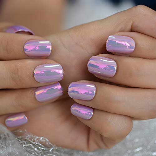 Fantasy Nails Series Pink Purle Short Chrome Holographic Press On Nails Square Natural Shape Charming Manicure Tips 24 #TOP1