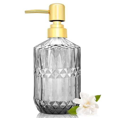 1 paquete de dispensadores de jabón de vidrio vintage de 400 ml con bomba, botellas de jabón líquido de diseño acanalado recargables para baño, encimera de tocador, fregadero de cocina, lavandería,
