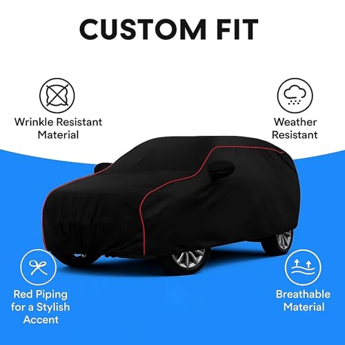 Image of Sulfar 100% Water Resistant Car Body Cover Compatible with Mirror for Ford Figo (Triple Stitched, Full Bottom Elastic, Black with Red Piping)