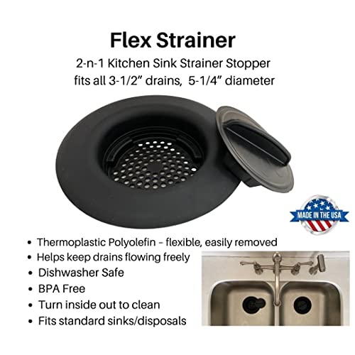 Fli Products Flex Strainer Dpfs1010-2 Kitchen Sink Strainer And Drain Plug Stopper All In One, Fits All 3-1/2” Drains And Disposals, 5-1/4” Diameter Basket, Usa Made Thermoplastic Material Black (2Pk) #TOP1