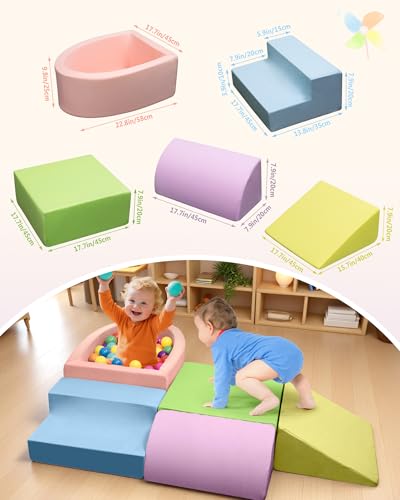 Auksay Baby Climbing Blocks, Soft Play Set for Crawling Baby 6-12 Months, Anti-Slip Particles Bottom & Velcro Connectors, High-Density Foam Gym with Soft Fabric Cover (Balls not Included)(Colorful) - Thumbnail 3