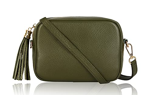 Image of Montte Di Jinne - 100% Made in Italy - Soft Leather Leather Women's Cross Body Bag with Tassel key Ring (OLIVE GREEN)