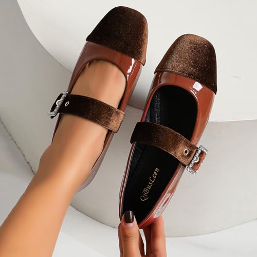 Women's Flat Mary Jane Shoes with Suede Cap Toe Dress Leather Ballet Flats with Square Rhinestone Buckle Comfortable Slip On Work Office Ankle Strap Flats4
