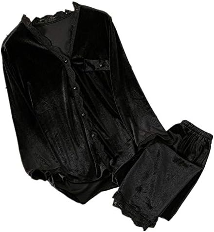 HUJINGLS Velvet Pajamas Women Autumn Winter Sleepwear Long Sleeve Casual Nightwear Pyjamas Suit Loose Home Clothes Lace Trim Sleep Set, XL