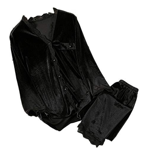 HUJINGLS Velvet Pajamas Women Autumn Winter Sleepwear Long Sleeve Casual Nightwear Pyjamas Suit Loose Home Clothes Lace Trim Sleep Set, XL