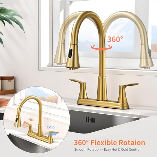 HOMELODY 2 Handles Kitchen Faucet with Pull Down Sprayer for 3 Hole Sink, 8 inch 360° Rotating Spout Centerset Kitchen Sink Faucet with Water Lines Gold by HOMELODY - Used condition - Image 4