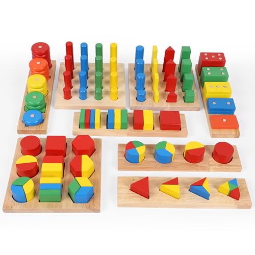 TOWO Figuras geométricas y Fracciones de Madera - Juego Educativo Montessori para Aprender Formas, Colores y Matemáticas - Juguete Didáctico de Madera para Niños 3+ Años